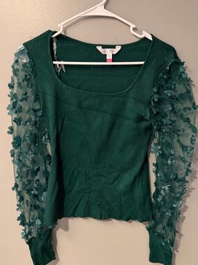 Floral Mesh-Sleeve Ribbed Layering Top - Deep Green